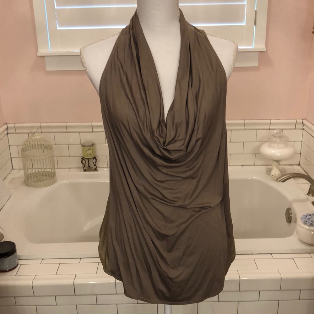 Trina Turk taupe cow neck halter with TBack, size Large